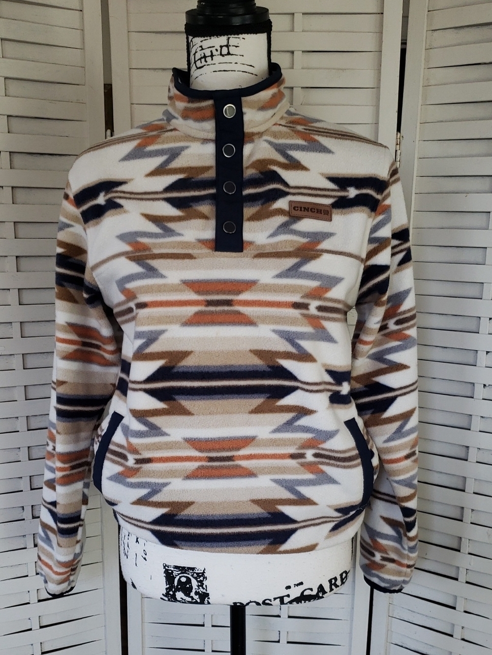 Cinch Aztec-Print Snap Pullover Sweater - Cream/Tan/Blue Youth Size 12